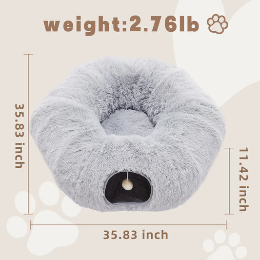 Luxury Plush Donut Cat Tunnel and Cave - Versatile 2-in-1 Indoor Bed for Cats and Kittens with Peekaboo Access