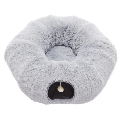Luxury Plush Donut Cat Tunnel and Cave - Versatile 2-in-1 Indoor Bed for Cats and Kittens with Peekaboo Access