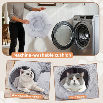 Luxury Plush Donut Cat Tunnel and Cave - Versatile 2-in-1 Indoor Bed for Cats and Kittens with Peekaboo Access