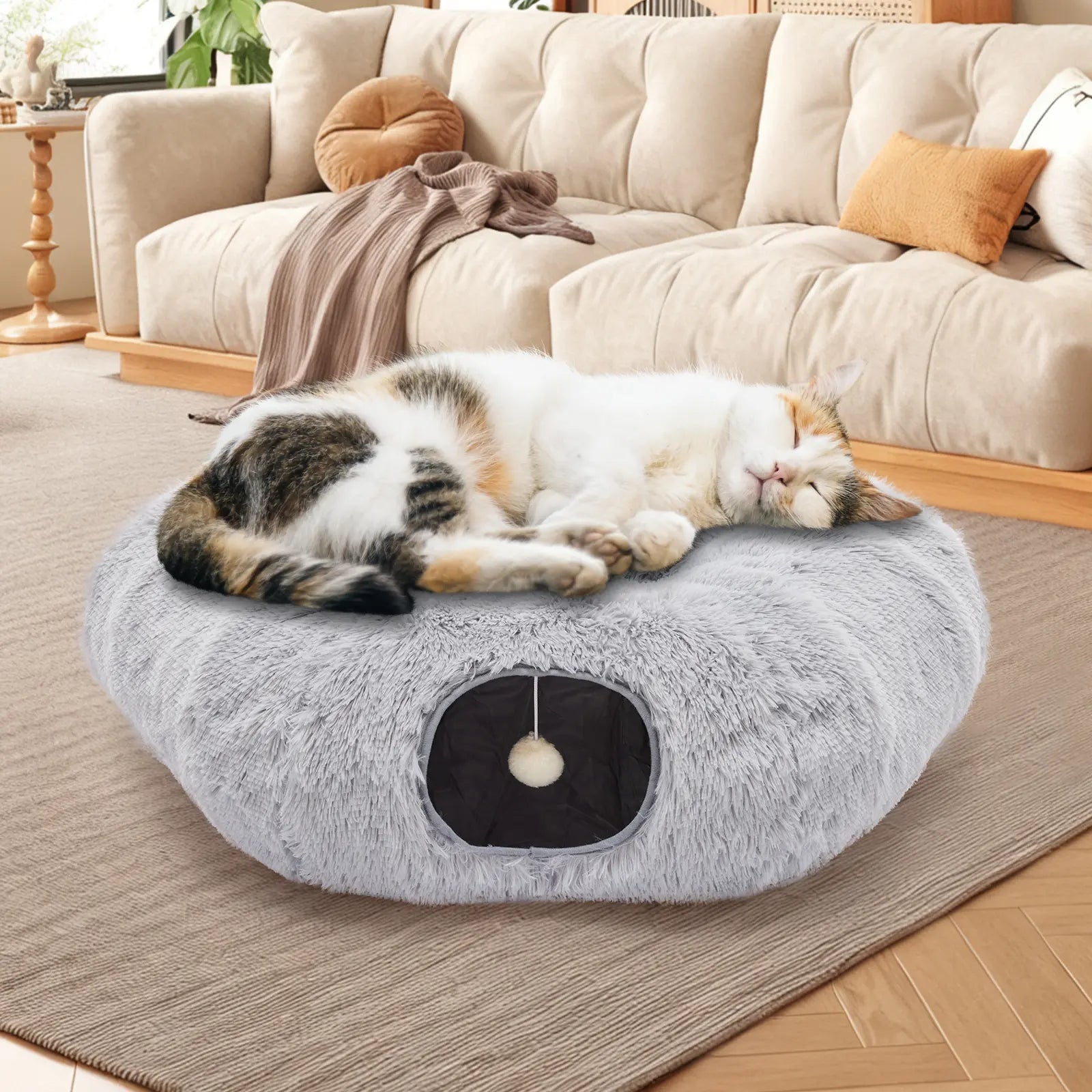 Luxury Plush Donut Cat Tunnel and Cave - Versatile 2-in-1 Indoor Bed for Cats and Kittens with Peekaboo Access