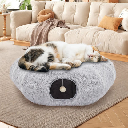 Luxury Plush Donut Cat Tunnel and Cave - Versatile 2-in-1 Indoor Bed for Cats and Kittens with Peekaboo Access