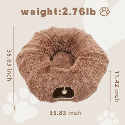 Luxury Plush Donut Cat Tunnel and Cave - Versatile 2-in-1 Indoor Bed for Cats and Kittens with Peekaboo Access