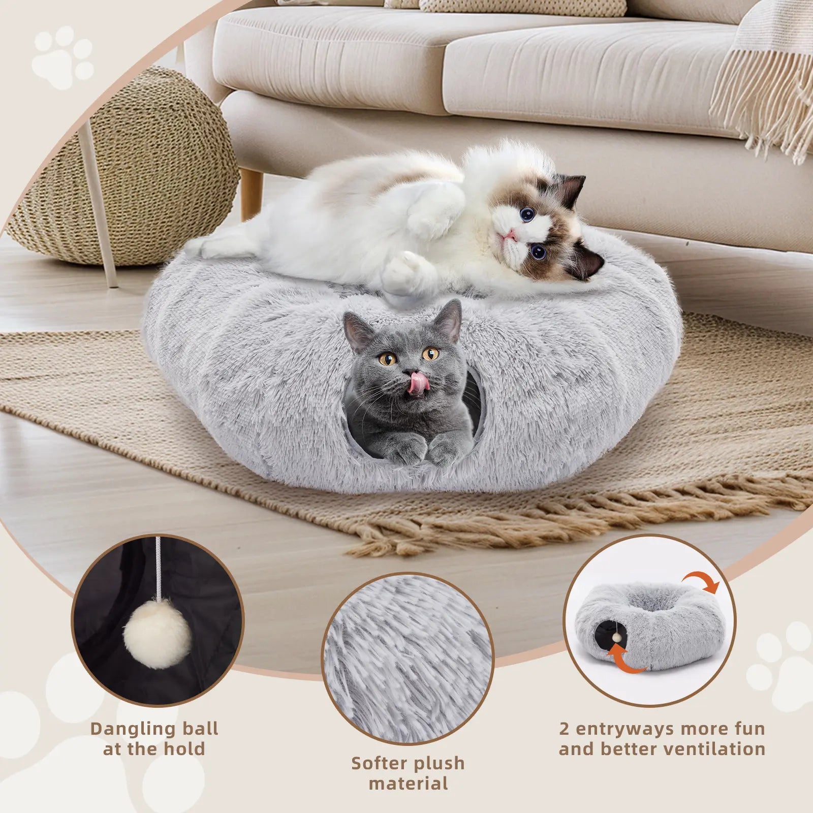 Luxury Plush Donut Cat Tunnel and Cave - Versatile 2-in-1 Indoor Bed for Cats and Kittens with Peekaboo Access