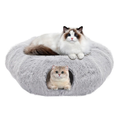 Luxury Plush Donut Cat Tunnel and Cave - Versatile 2-in-1 Indoor Bed for Cats and Kittens with Peekaboo Access