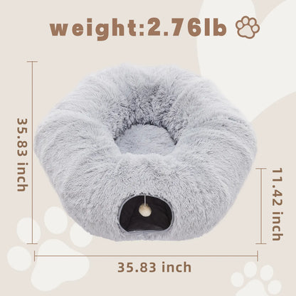 Luxury Plush Donut Cat Tunnel and Cave - Versatile 2-in-1 Indoor Bed for Cats and Kittens with Peekaboo Access