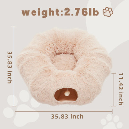 Luxury Plush Donut Cat Tunnel and Cave - Versatile 2-in-1 Indoor Bed for Cats and Kittens with Peekaboo Access